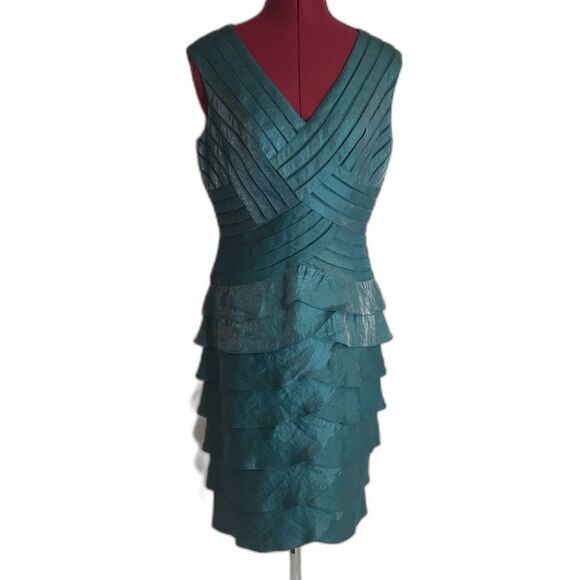 Adrianna Papell Ruffle Tiered V-Neck Cocktail Dress Women's Size 10 Teal Green - Picture 12 of 12